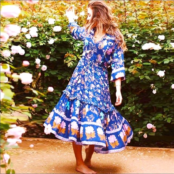 Wild Bloom Gypsy Boho Blue Floral Flowy Midi Dress - Picture 6 of 11